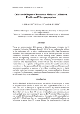 Cultivated Gingers of Peninsular Malaysia: Utilization, Profiles and Micropropagation