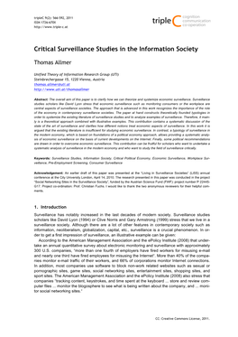 Critical Surveillance Studies in the Information Society