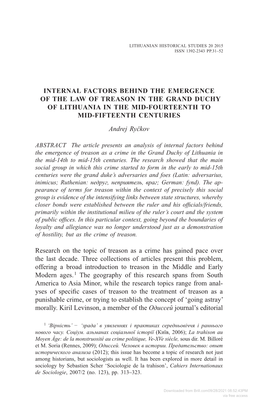 INTERNAL FACTORS BEHIND the EMERGENCE of the LAW of TREASON in the GRAND DUCHY of LITHUANIA in the MID-FOURTEENTH to MID-FIFTEENTH CENTURIES Andrej Ryčkov