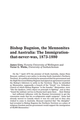 Bishop Bugnion, the Mennonites and Australia: the Immigration- That-Never-Was, 1873-1880