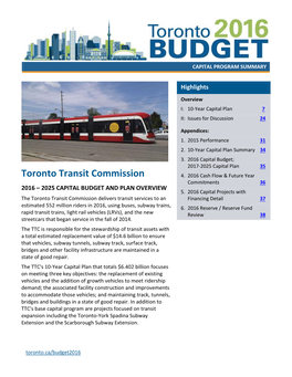 Capital Budget; 2017-2025 Capital Plan 35 Toronto Transit Commission 4