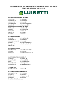 Ellesmere Rugby Sub Union/North Canterbury Rugby Sub Union Draw for Saturday 9 April 2016