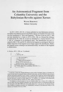 An Astronomical Fragment from Columbia University and the Babylonian Revolts Against Xerxes