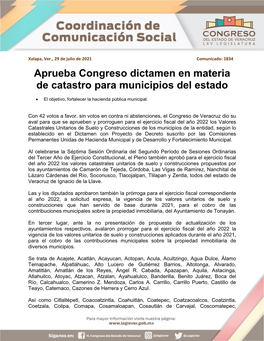 Aprueba Congreso Dictamen En Materia De Catastro Para Municipios Del Estado