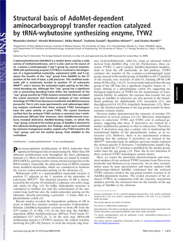 Structural Basis of Adomet-Dependent Aminocarboxypropyl Transfer Reaction Catalyzed by Trna-Wybutosine Synthesizing Enzyme, TYW2