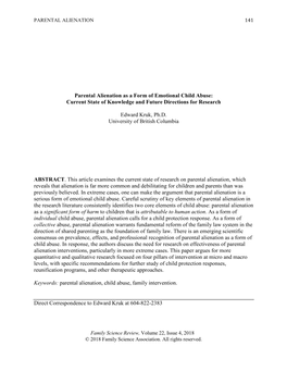 Parental Alienation As a Form of Emotional Child Abuse: Current State of Knowledge and Future Directions for Research