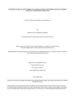 Summary of 2003 Atlantic Tropical Cyclone Activity and Verification of Author's Seasonal and Monthly Forecasts
