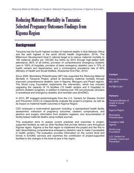 Reducing Maternal Mortality in Tanzania: Selected Pregnancy Outcomes in Kigoma Summary