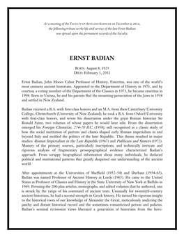 Ernst Badian Was Spread Upon the Permanent Records of the Faculty