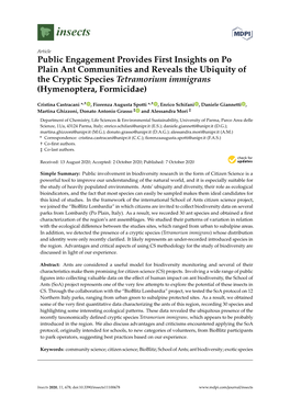 Public Engagement Provides First Insights on Po Plain Ant Communities and Reveals the Ubiquity of the Cryptic Species Tetramorium Immigrans (Hymenoptera, Formicidae)