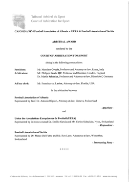 CAS 2015/A/3874 Football Association of Albania V. UEFA & Football Association of Serbia