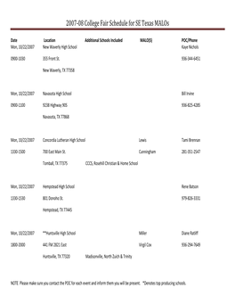 2007-08 College Fair Schedule for SE Texas Malos