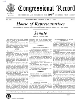 Congressional Record United States Th of America PROCEEDINGS and DEBATES of the 108 CONGRESS, FIRST SESSION