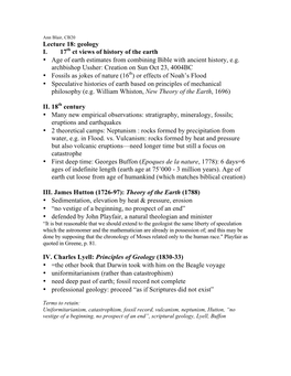 Geology I. 17Th Ct Views of History of the Earth • Age of Earth Estimates from Combining Bible with Ancient History, E.G