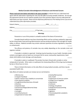 Medical Cannabis Acknowledgement of Disclosure and Informed Consent