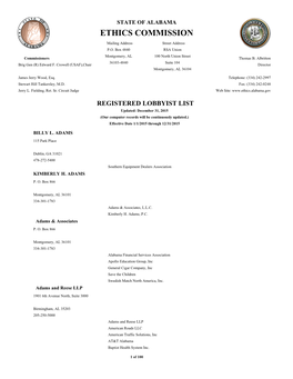 REGISTERED LOBBYIST LIST Updated: December 31, 2015 (Our Computer Records Will Be Continuously Updated.) Effective Date 1/1/2015 Through 12/31/2015