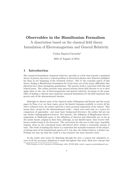 Observables in the Hamiltonian Formalism a Dissertation Based on the Classical Field Theory Formulation of Electromagnetism