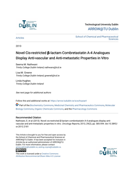 Novel Cis-Restricted Β-Lactam Combretastatin A-4 Analogues Display Anti-Vascular and Anti-Metastatic Properties in Vitro
