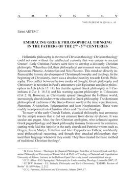 Embracing Greek Philosophical Thinking in the Fathers of the 2Nd - 5Th Centuries