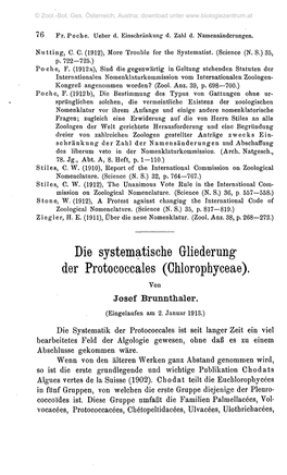 Die Systematische Gliederung* Der Protococcales (Chlorophyceae). Von Josef Brunnthaler