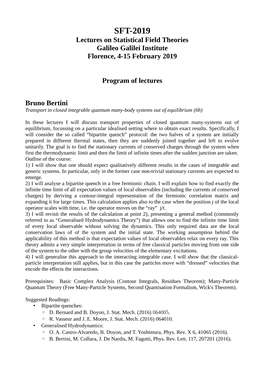 SFT-2019 Lectures on Statistical Field Theories Galileo Galilei Institute Florence, 4-15 February 2019