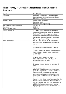 Title: Journey to Jobs (Broadcast Ready with Embedded Captions)