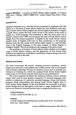 Rajend Mesthrie. a Lexicon of South African Indian English, 1St Edition