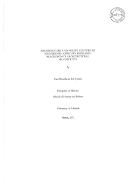 Architecture and Polite Culture in Eighteenth-Century England: Blackstone' S Architectural Manuscripts'