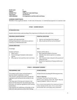 English LESSON TITLE: Telling the Truth at All Times Time Frame: Two Sessions CORE MESSAGE: It Is Important to Tell the Truth at All Times