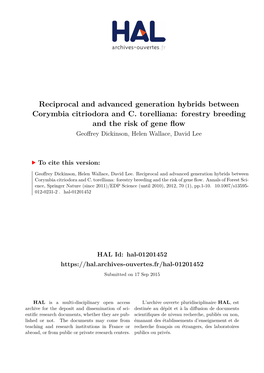 Reciprocal and Advanced Generation Hybrids Between Corymbia Citriodora and C