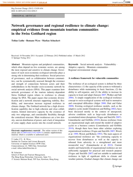 Network Governance and Regional Resilience to Climate Change: Empirical Evidence from Mountain Tourism Communities in the Swiss Gotthard Region