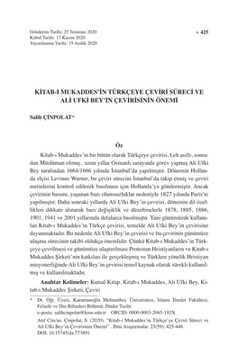 Kitab-I Mukaddes'in Türkçeye Çeviri Süreci Ve Ali Ufki Bey'in Çevirisinin