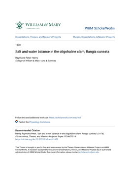 Salt and Water Balance in the Oligohaline Clam, Rangia Cuneata