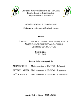 Université Mouloud Mammeri De Tizi-Ouzou Faculté Génie De La Construction Département D'architecture Mémoire De Master II