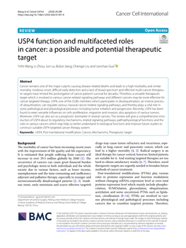 USP4 Function and Multifaceted Roles in Cancer: a Possible and Potential Therapeutic Target Yizhi Wang, Li Zhou, Jun Lu, Bolun Jiang, Chengxi Liu and Junchao Guo*