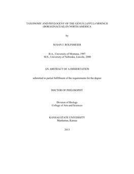 Taxonomy and Phylogeny of the Genus Lappula Moench (Boraginaceae) in North America