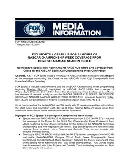 Fox Sports 1 Gears up for 21 Hours of Nascar Championship Week Coverage from Homestead-Miami Season Finale