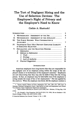 The Tort of Negligent Hiring and the Use of Selection Devices: the Employee's Right of Privacy and the Employer's Need to Know