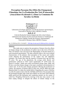 Perception Paysanne Des Effets Du Changement Climatique Sur La Production Des Noix D’Anacardier (Anacardium Occidentale L.) Dans La Commune De Savalou Au Bénin