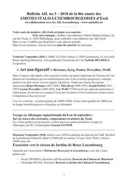 Bulletin AIL No 3 – 2018 De La 86E Année Des AMITIES ITALO-LUXEMBOURGEOISES D’Esch En Collaboration Avec Les AIL-Luxembourg - ………………………