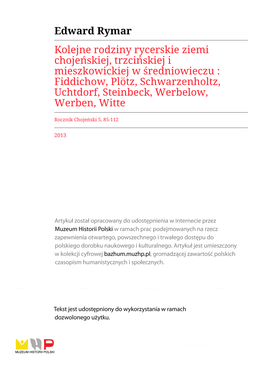 Edward Rymar Kolejne Rodziny Rycerskie Ziemi Chojeńskiej, Trzcińskiej I Mieszkowickiej W Średniowieczu : Fiddichow, Plötz, S