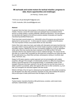 IM Warheads and Rocket Motors for Tactical Missiles: Progress to Date, Future Opportunities and Challenges Jim Fleming1, Charles Jones2