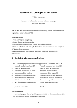 Grammatical Coding of PCF in Bantu 1 Conjoint/Disjoint Morphology