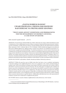 Uwarunkowania I Przesłanki Rozwoju Rad Dzielnic Na Przykładzie Gdańska