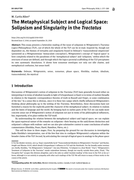 The Metaphysical Subject and Logical Space: Solipsism and Singularity in the Tractatus