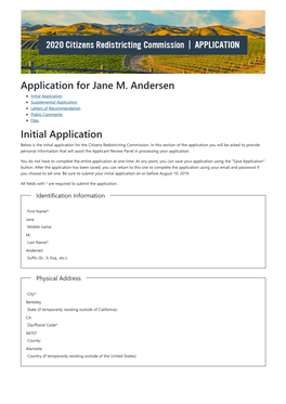 Application for Jane M. Andersen Initial Application