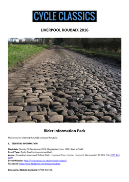 LIVERPOOL ROUBAIX 2016 Rider Information Pack