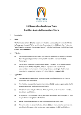 2020 Tokyo Paralympic Games Nomination Criteria