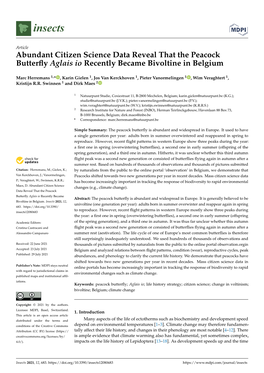 Abundant Citizen Science Data Reveal That the Peacock Butterfly Aglais Io Recently Became Bivoltine in Belgium