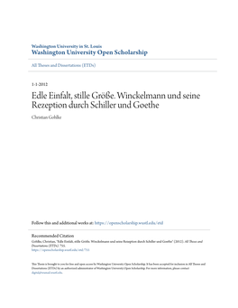 Edle Einfalt, Stille Größe. Winckelmann Und Seine Rezeption Durch Schiller Und Goethe Christian Gohlke